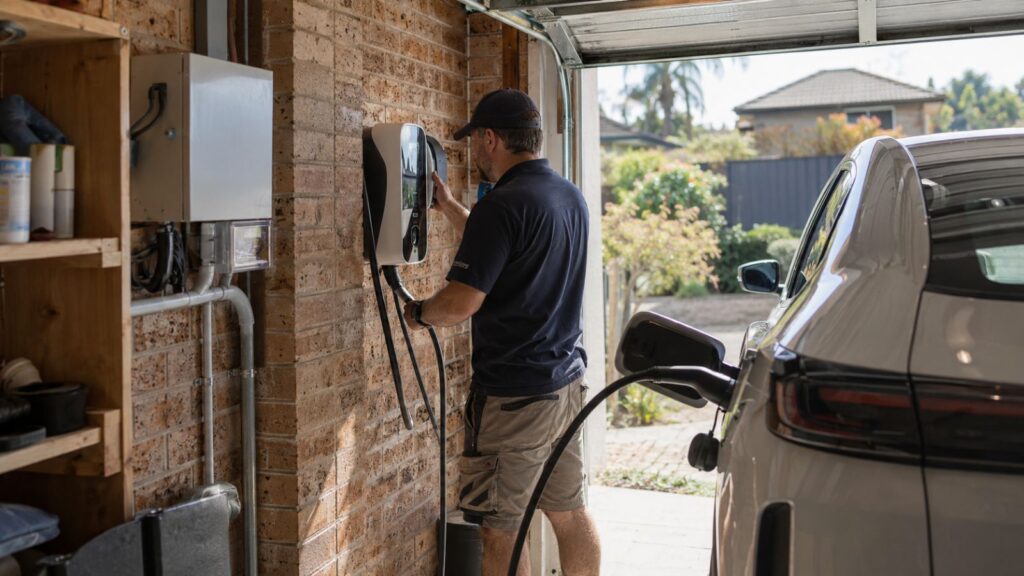 Electrician installing a home EV charger