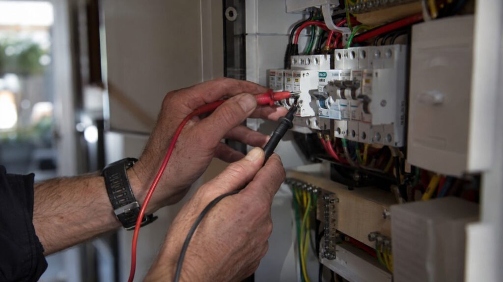 Electrician testing a breaker with a multimeter