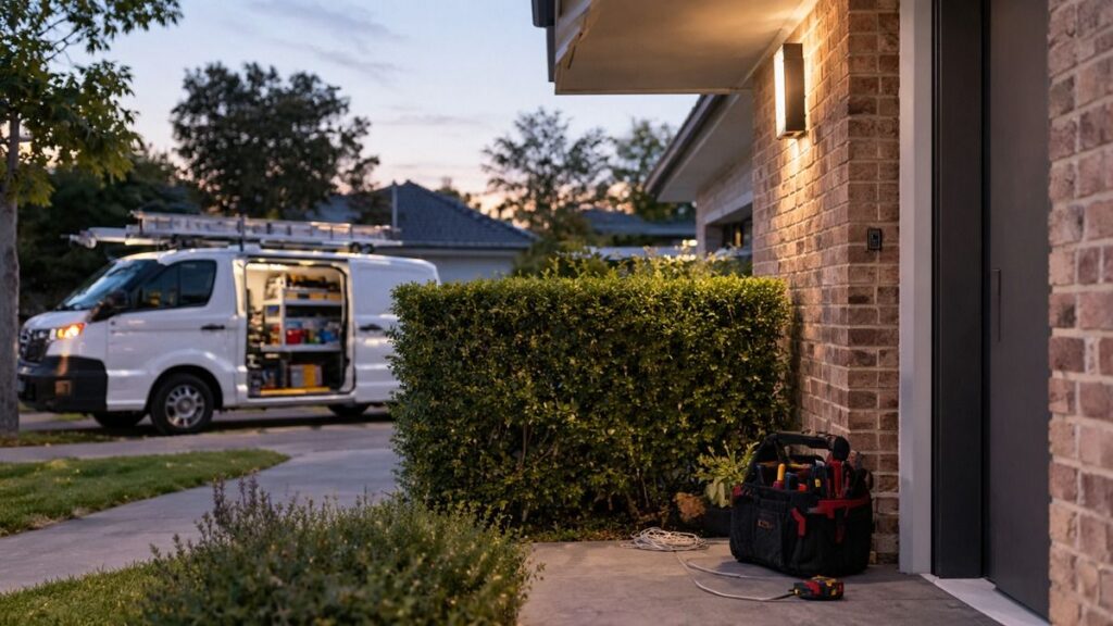 Electrician’s van and tool bag at a front door at dusk