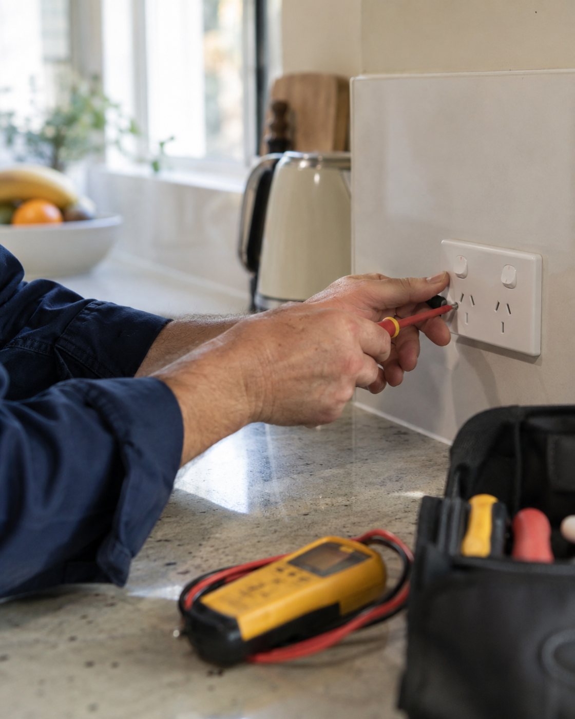 Electrician fitting a new power point in a home kitchen