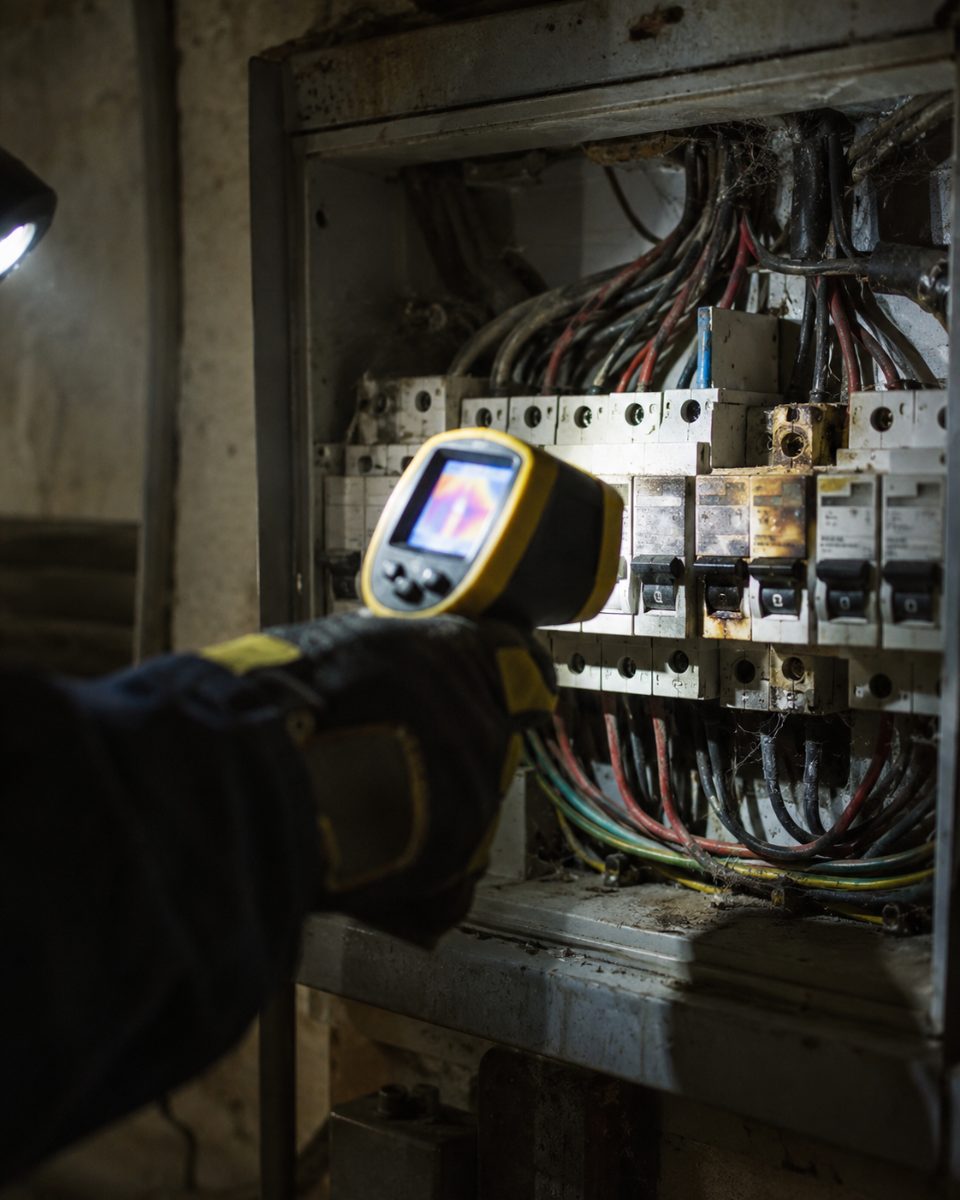 Old switchboard checked with a thermal camera