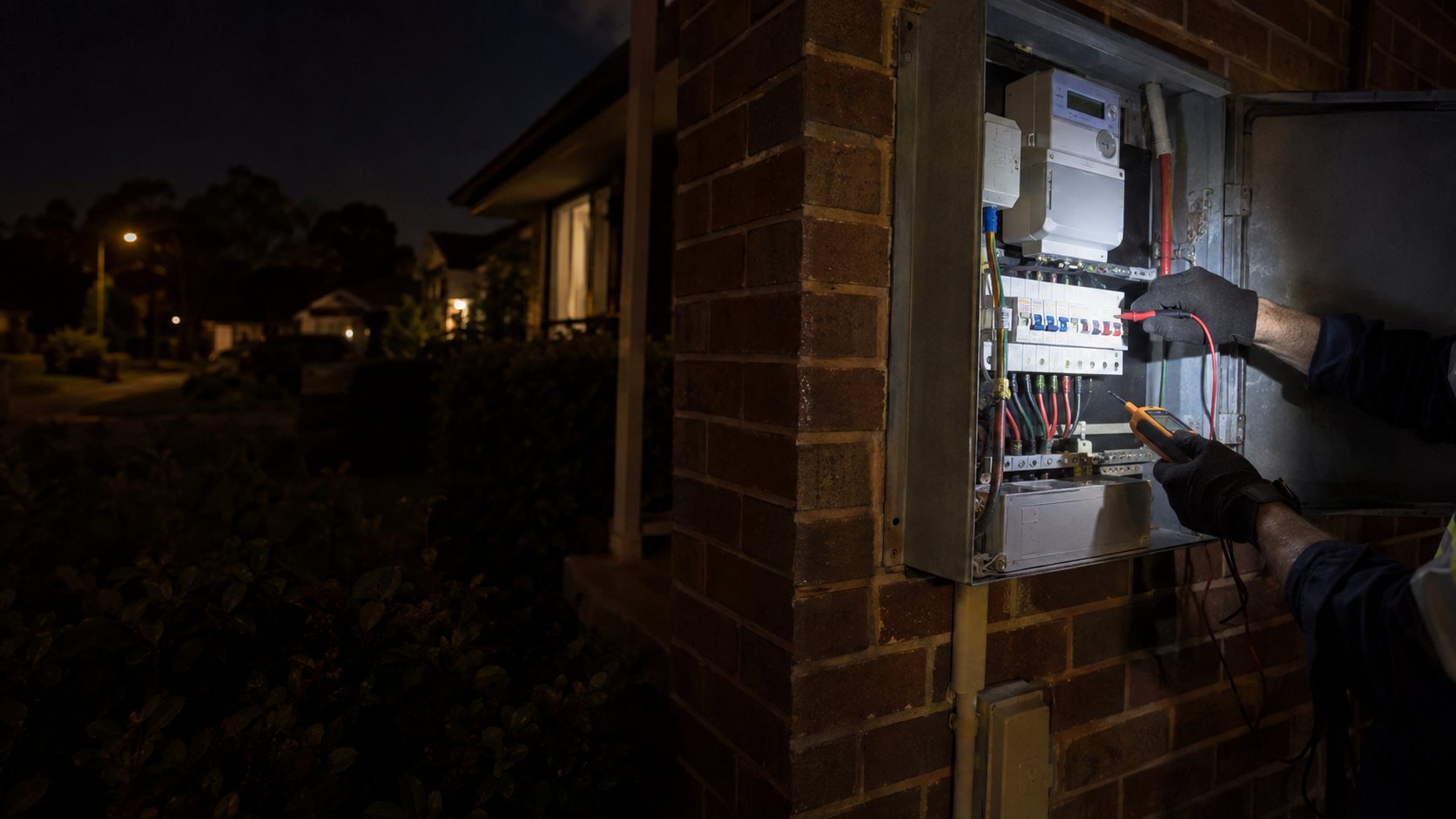 Electrician testing a switchboard by torchlight at night