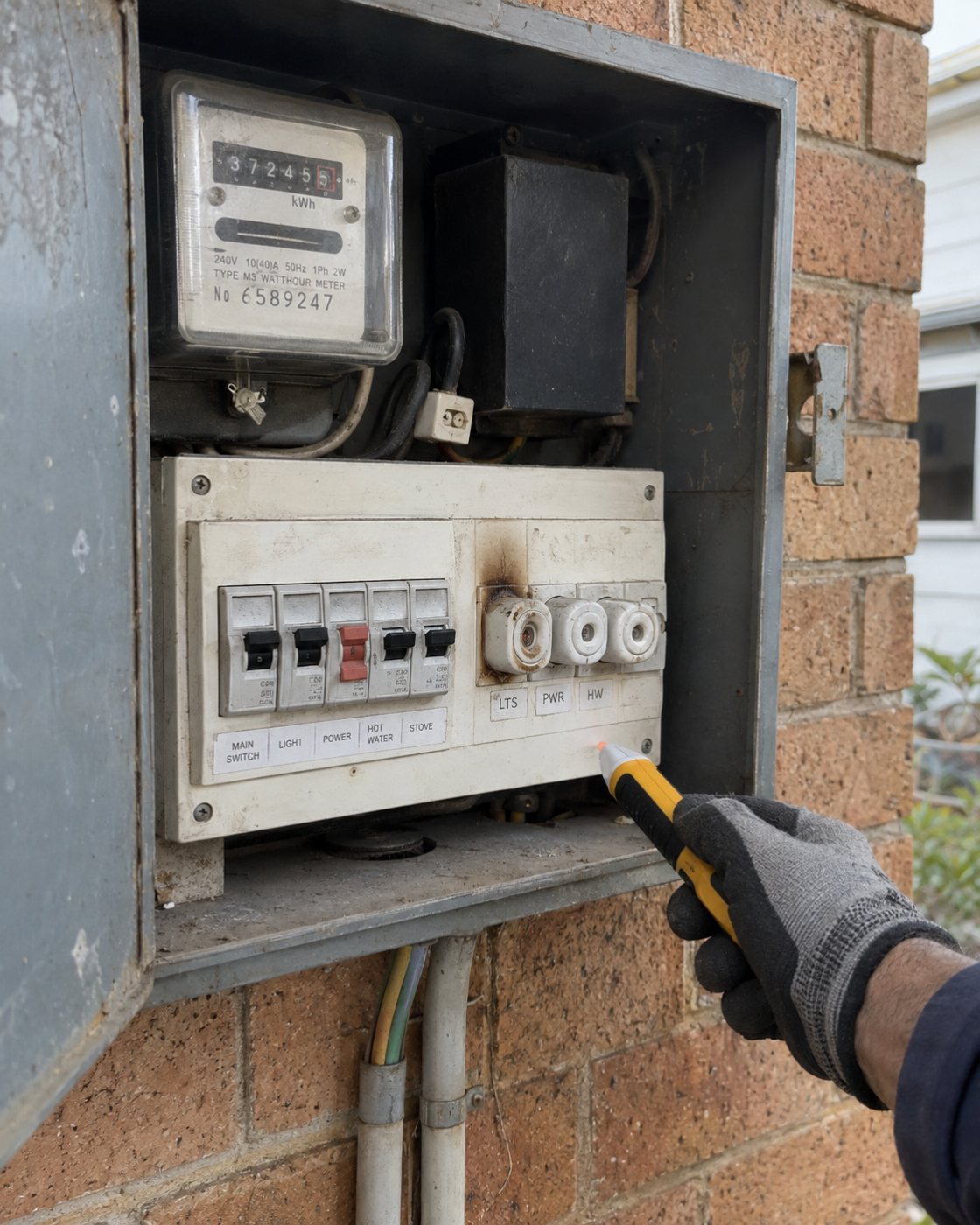 Electrician testing an old switchboard with a scorched fuse holder
