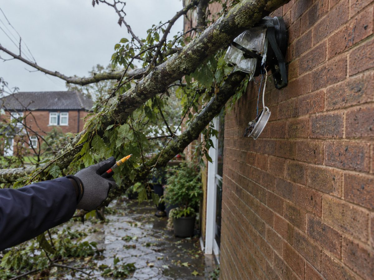 Storm-damaged outdoor light with exposed wiring