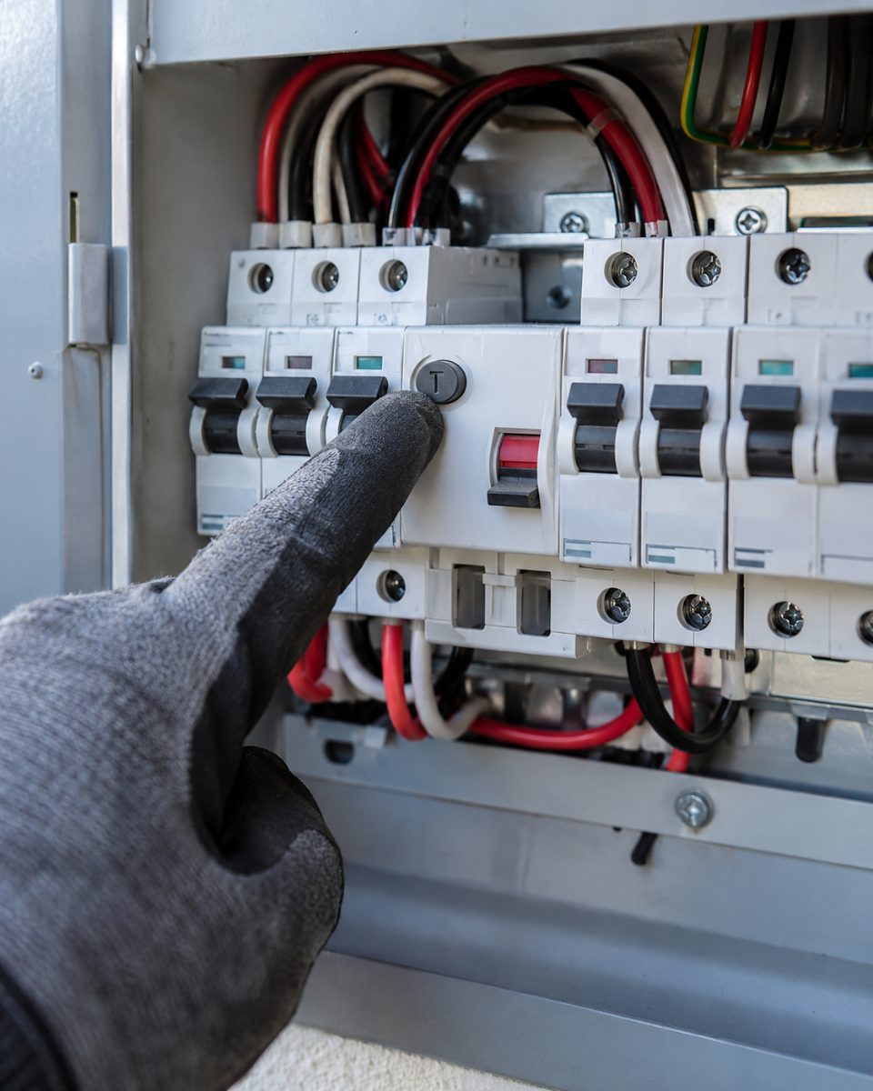Gloved finger pressing a safety switch test button