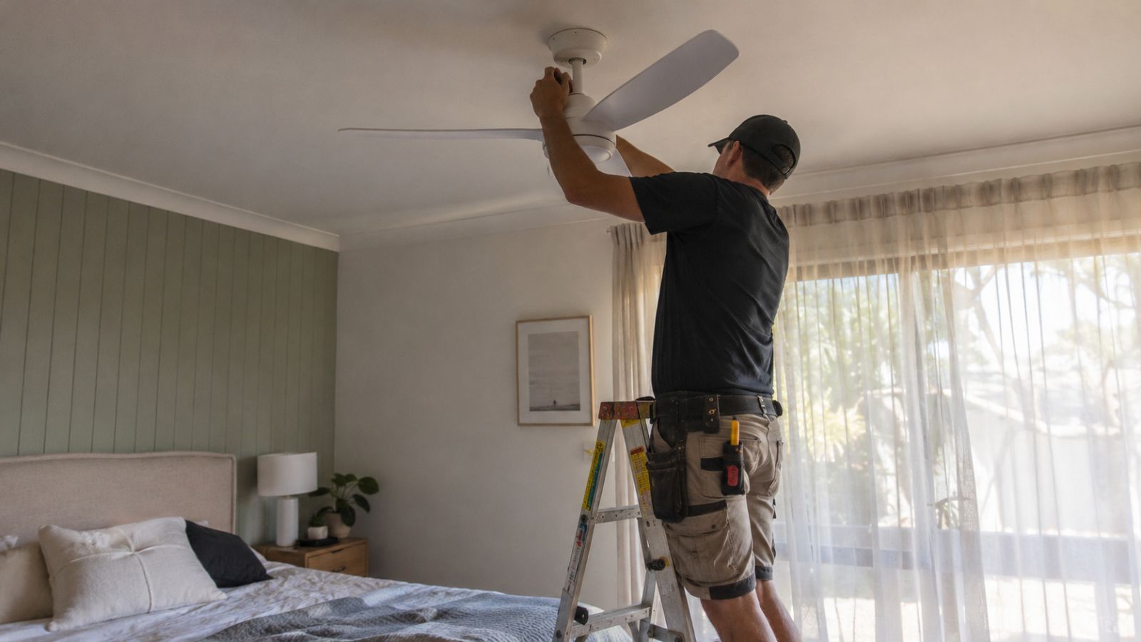 Electrician installing a ceiling fan