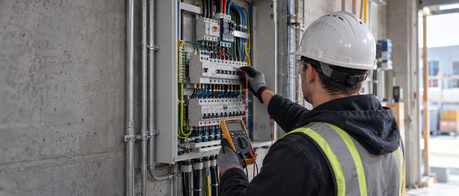Electrician testing a switchboard with a multimeter