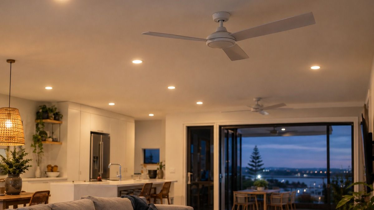 Open-plan living room with LED downlights and ceiling fans