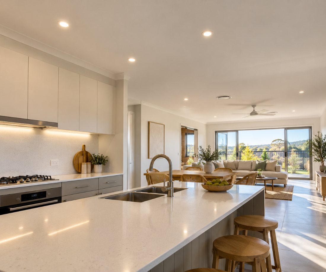 New estate kitchen and living area with LED downlights and a ceiling fan