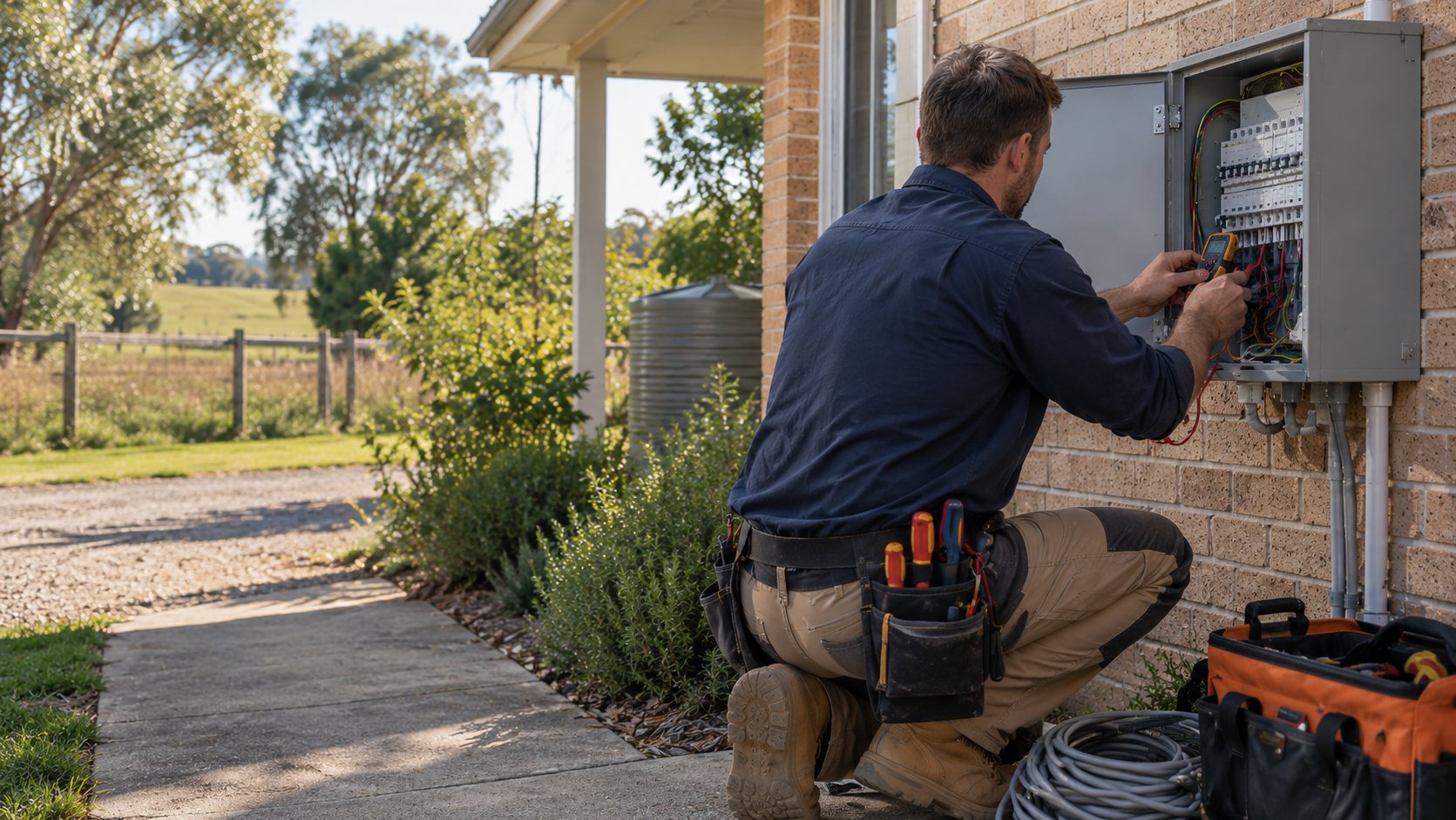 Electrician testing a switchboard on the outside wall of a Hunter Valley home