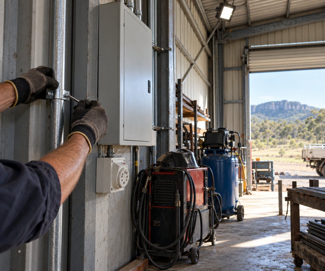 Electrician fixing conduit beside a sub-board in a rural workshop shed