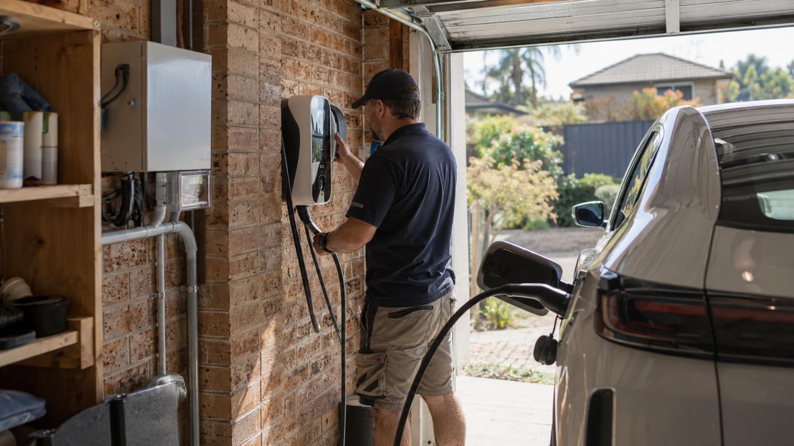 Electrician installing a home EV charger