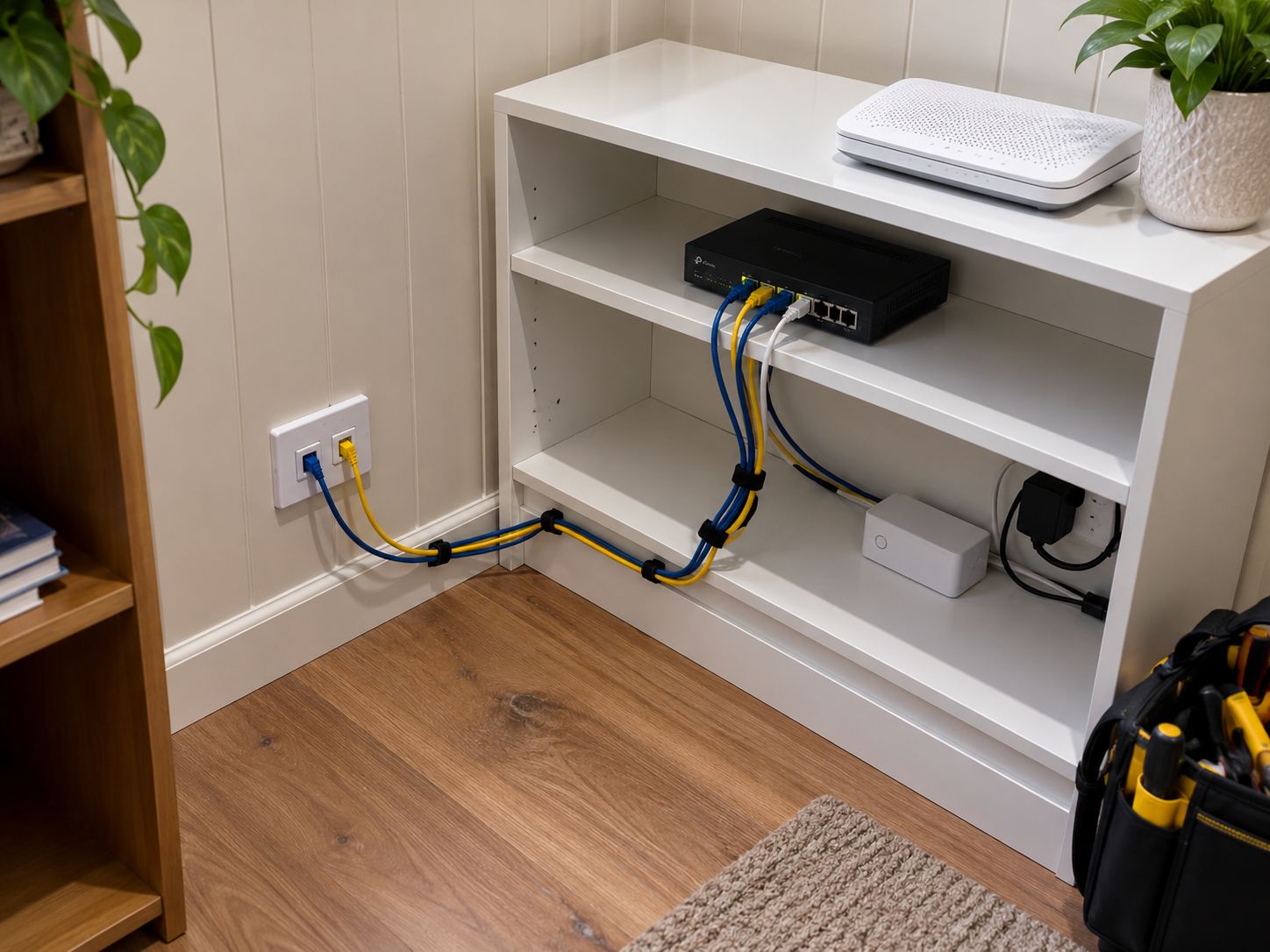Wall data points cabled neatly to a network switch and modem