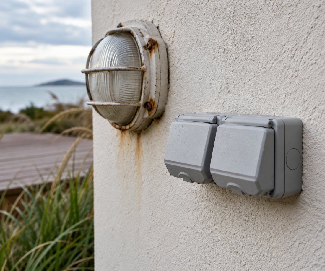 Weatherproof outdoor power point beside a rusted light fitting on a coastal home